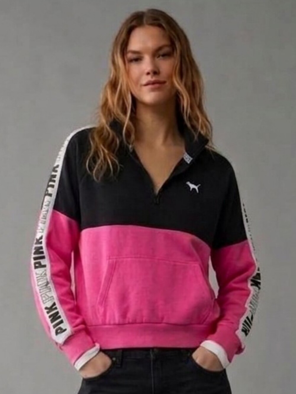 PINK Victoria's Secret Colorblock Half-Zip Sweatshirt Pullover Black Hot Pink Sm